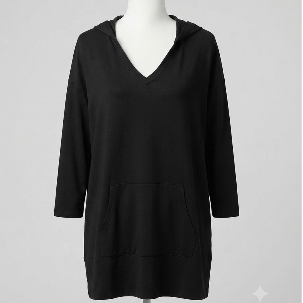 Harmony & Balance Womens Black V-Neck Tunic Hoodie Kangaroo Pocket Plus 1X